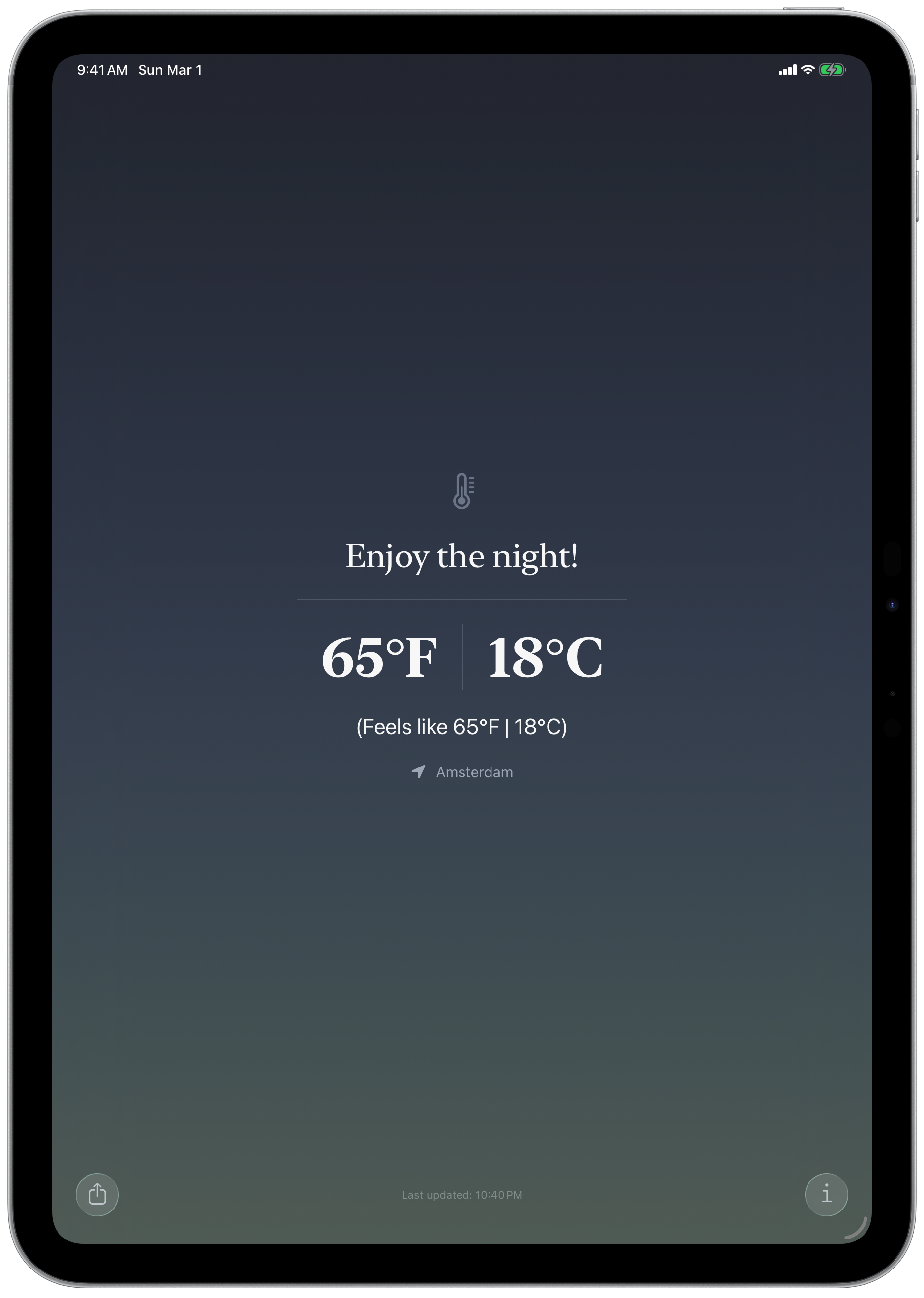 40 Below iPad screenshot in a warm night dark theme